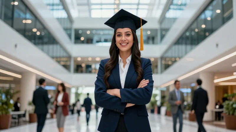 Profesional mexicana en moderno campus corporativo
