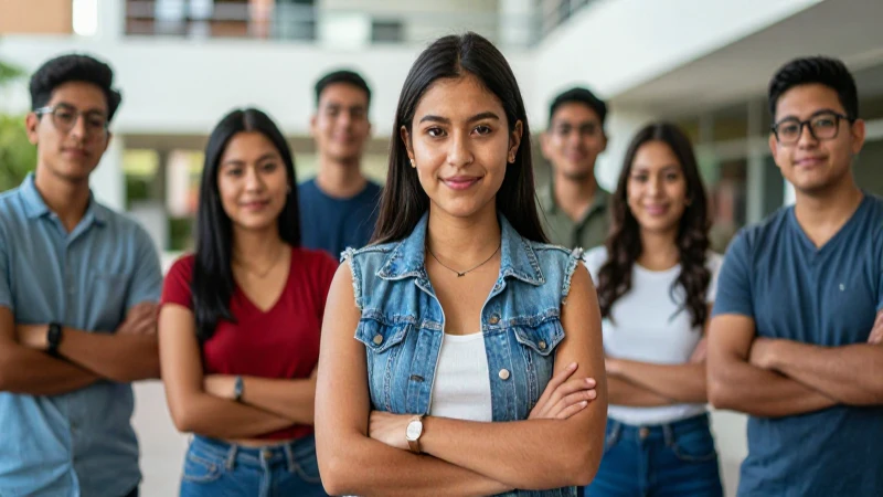 Retrato dinámico de jóvenes mexicanos sonrientes en campus moderno