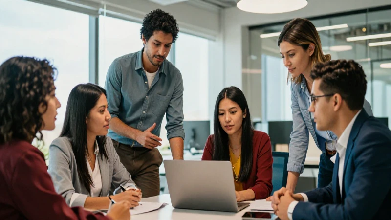 Jóvenes profesionales mexicanos colaborando en oficina moderna