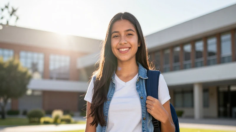 Estudiante sonriente en campus con éxito académico