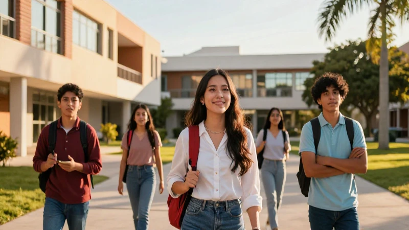 Estudiantes mexicanos en campus iluminado con luz dorada