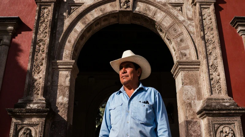 Trabajador mexicano estoico bajo arco histórico