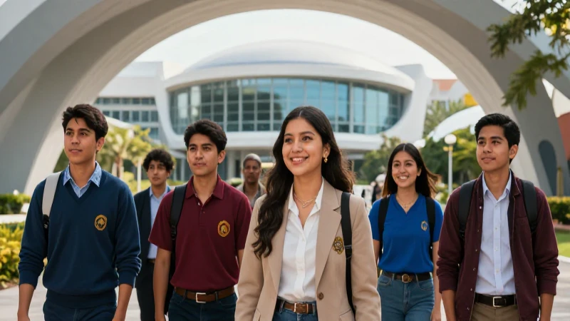 Estudiantes mexicanos frente a campus futurista