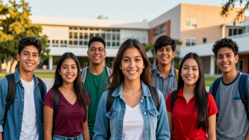 Estudiantes mexicanos felices en campus moderno