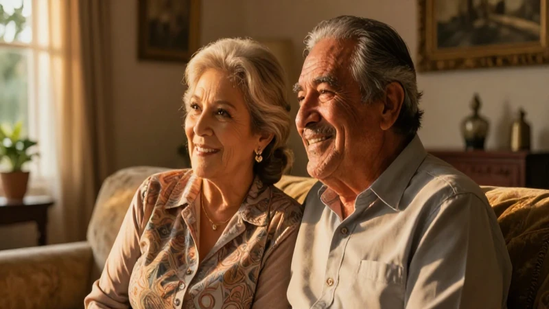 Pareja mayor mexicana sonriente en sala acogedora