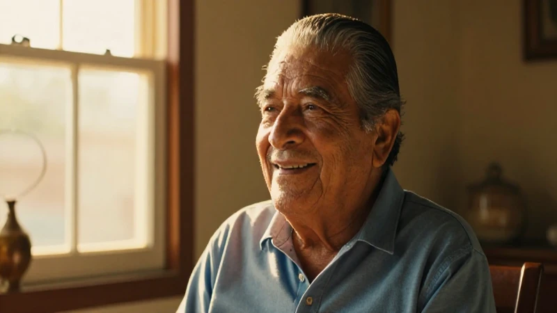 Abuelo mexicano sonríe en casa con luz dorada