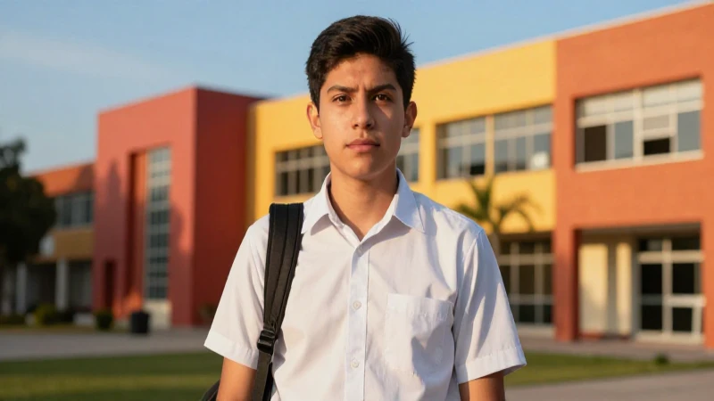 Estudiante mexicano en campus, luz dorada y determinación