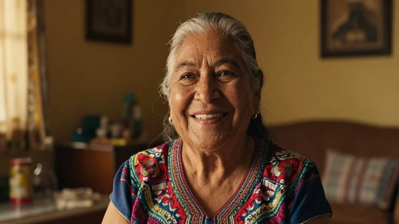 Mujer mexicana sonriente en su casa con luz dorada