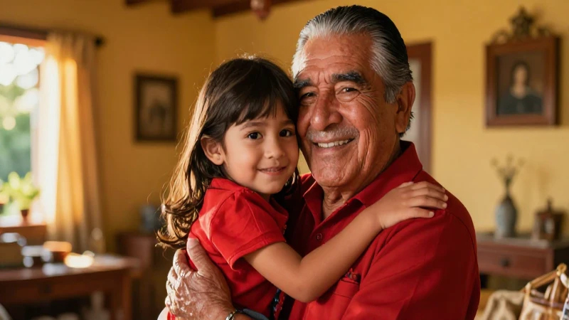 Abuelo feliz con nieto en luz dorada