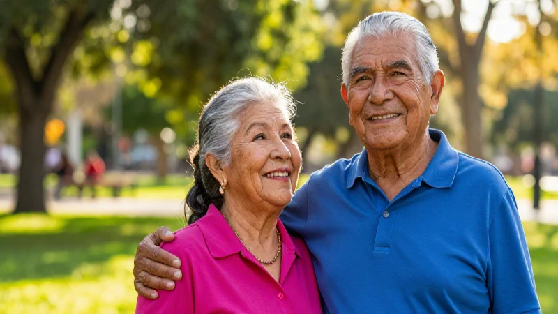 Cuánto es el pago de la marcha para adultos mayores 4 Pareja mexicana feliz en el parque al atardecer