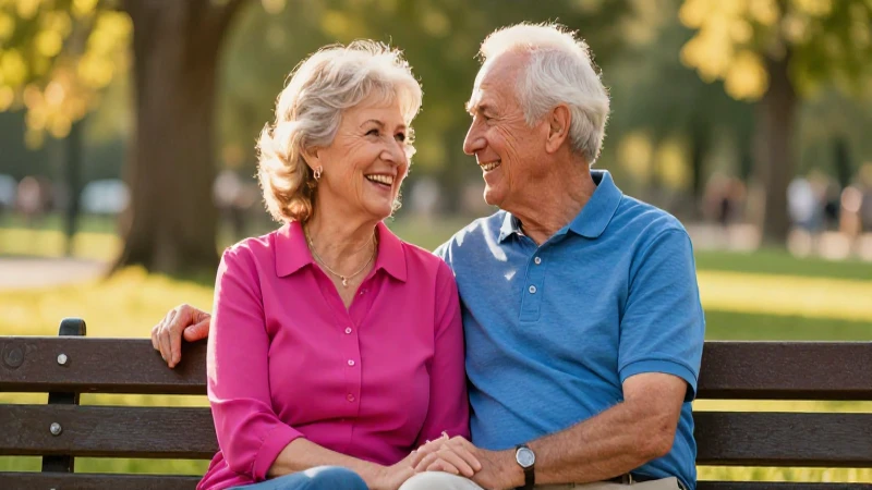 Cuánto es el pago de la marcha para adultos mayores 2 Pareja anciana sonriente en banco de parque al atardecer