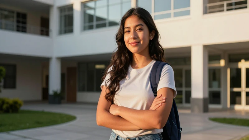 Estudiante mexicano optimista en campus moderno