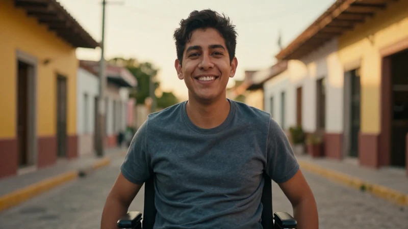 Retrato vibrante de un joven con discapacidad en un entorno moderno