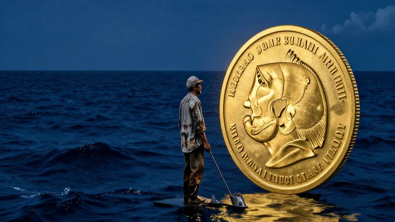Pescador con moneda dorada en mar azul dramático