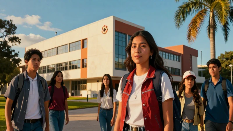 Campus moderno y alumnos mexicanos ilustrados