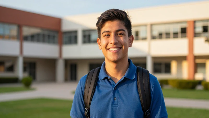 Estudiante mexicano sonriente en campus moderno