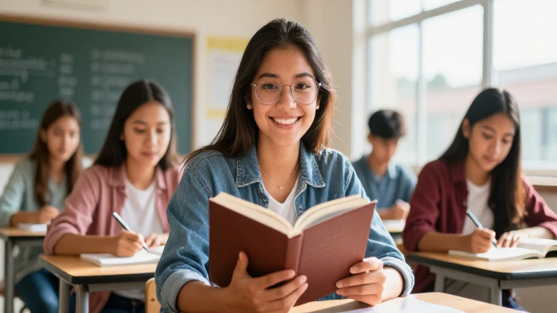 Estudiante mexicano sonriente con libro y luz