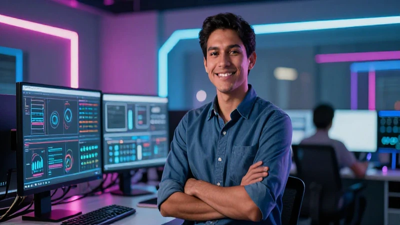 Profesional mexicano en entorno tecnológico vibrante