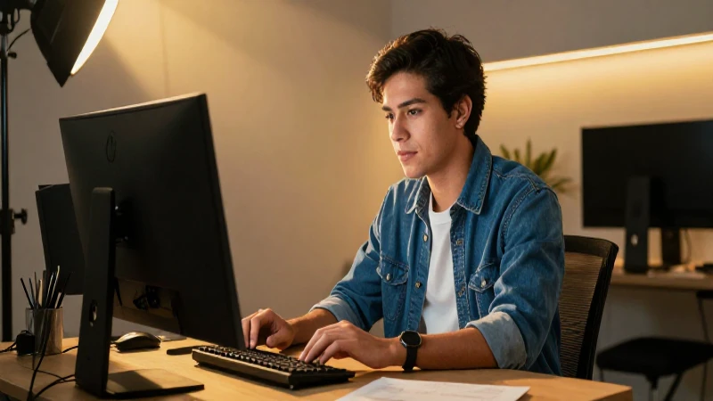 Estudiante mexicano vibrante en moderno entorno tecnológico. (6 palabras)