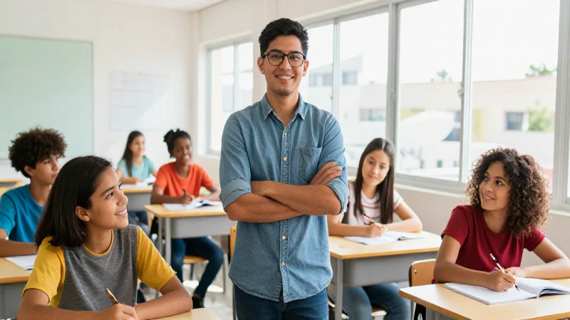 Joven tutor mexicano enseña en aula moderna