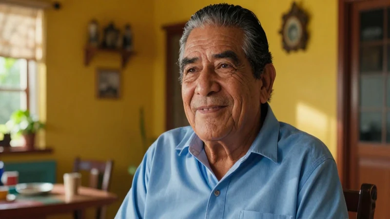 Hombre mexicano sonriente en casa iluminada