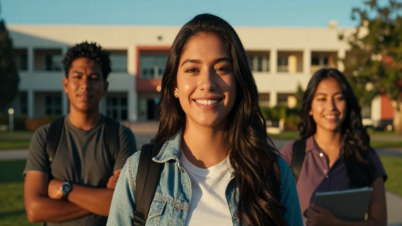 Joven mexicana sonríe en campus dorado cinematográfico
