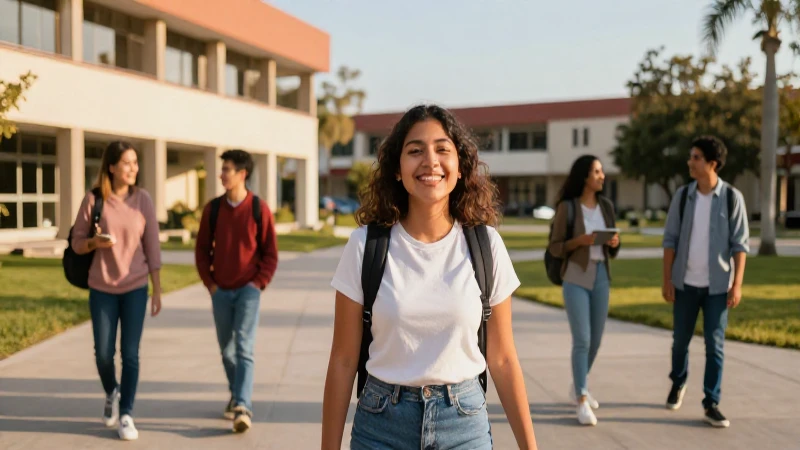 Estudiante alegre en campus moderno al atardecer