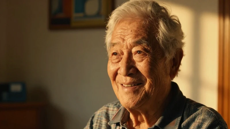 Senior sonriendo con luz dorada y cozy