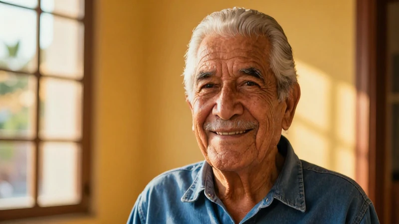 Anciano mexicano dignificado sonriendo con luz dorada