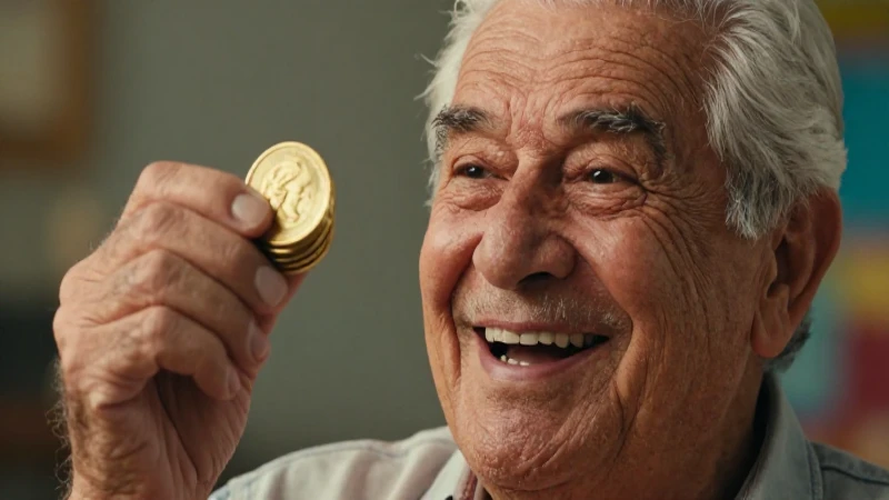 Jubilado mexicano sonriente con monedas de oro
