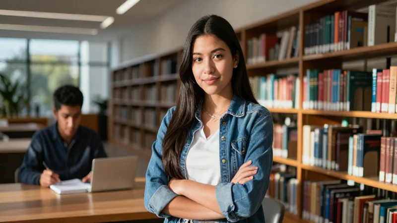 Estudiante mexicano en biblioteca moderna