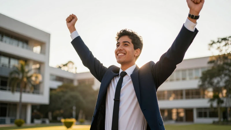 Joven triunfador bajo la luz dorada de la universidad