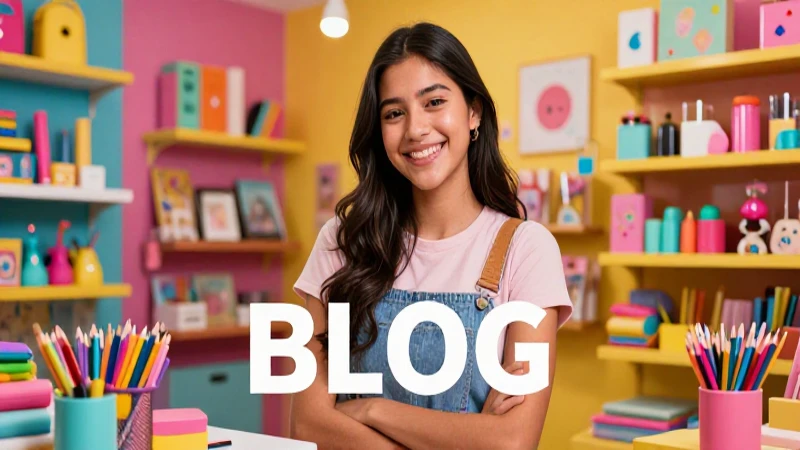 Estudiante sonriente con materiales coloridos