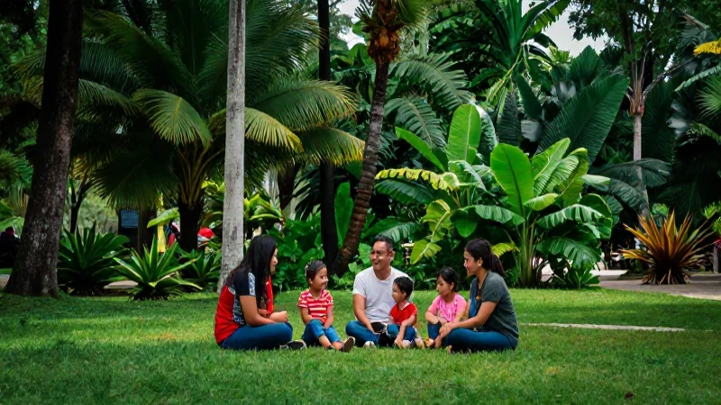 Familia feliz en vibrante parque tropical