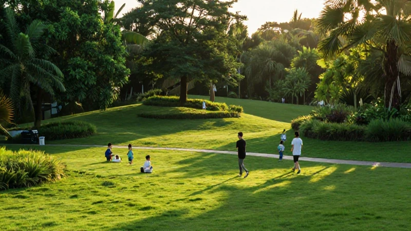 Parque verde dinámico al atardecer