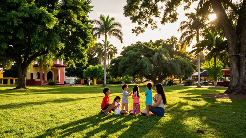 Familia feliz en parque mexicano al atardecer