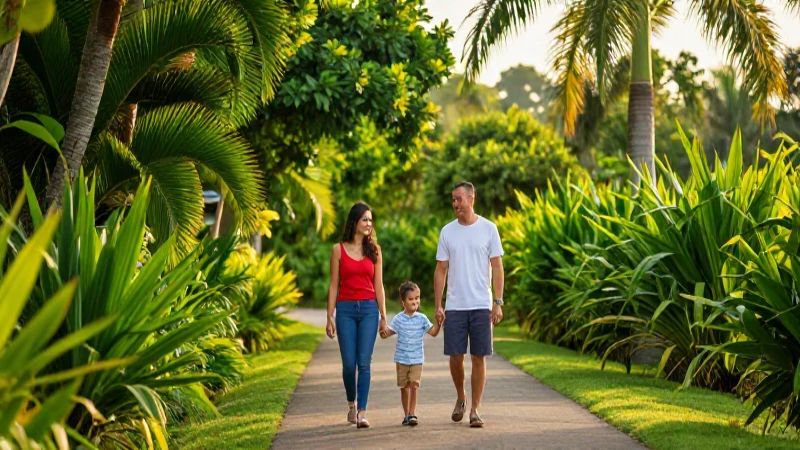Familia feliz camina por un jardín tropical dorado