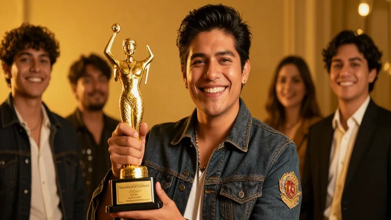 Joven mexicano feliz con trofeo dorado