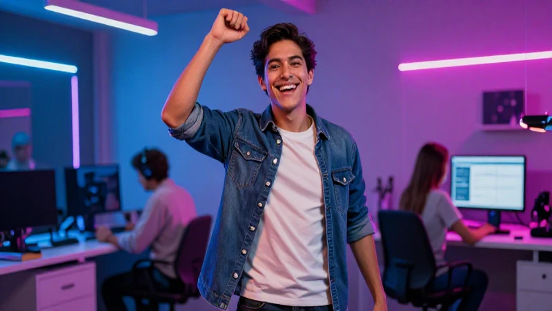 Joven mexicano dinámico en entorno tecnológico vibrante