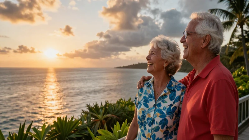 Pareja sonriente ante un vibrante atardecer tropical