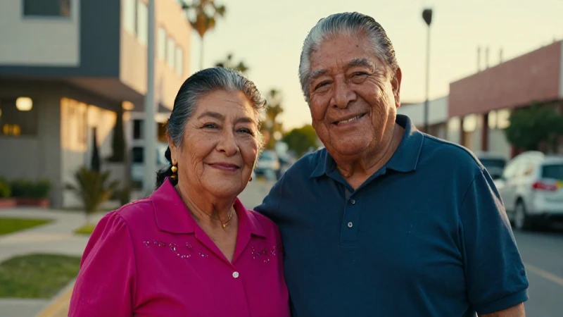 Pareja anciana mexicana sonríe al atardecer