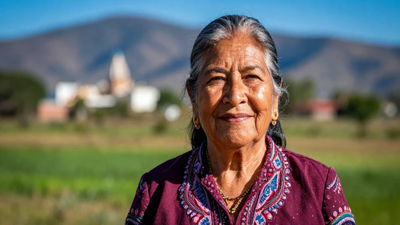 Mujer mexicana sonriente en paisaje vibrante