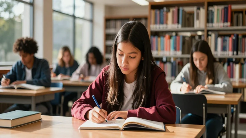 Estudiante mexicano estudia en biblioteca iluminada