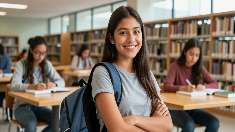 Joven mexicano sonríe en biblioteca moderna