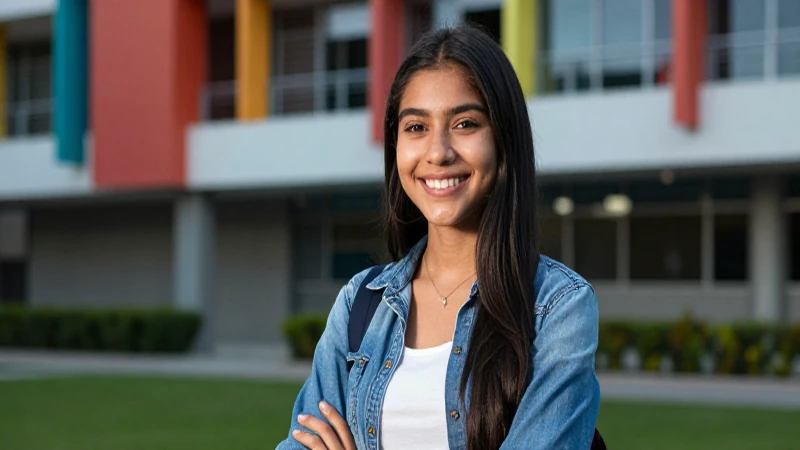 Estudiante mexicana sonriente en campus vibrante
