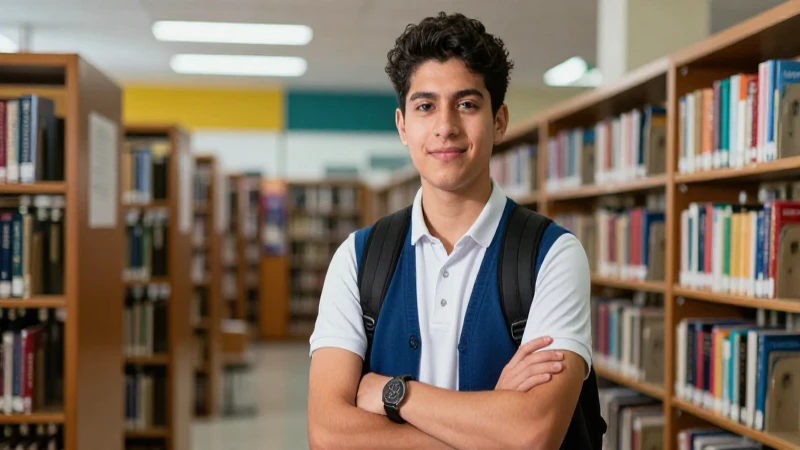 Estudiante mexicano brillante en vibrante biblioteca