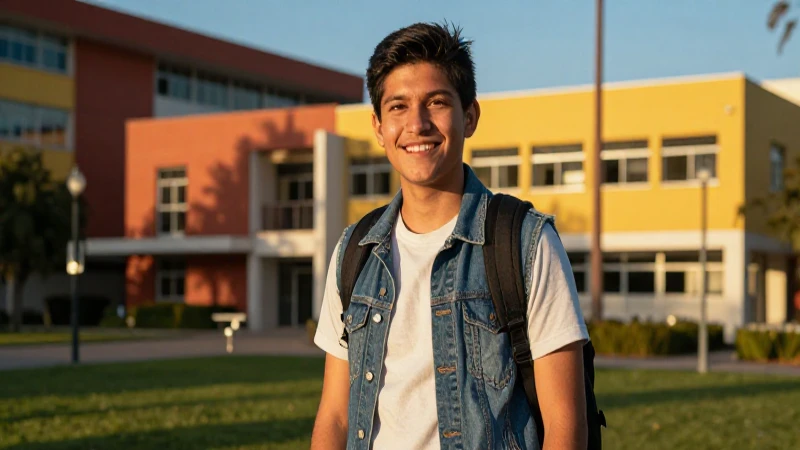 Joven estudiante mexicano en campus, atardecer cinematográfico