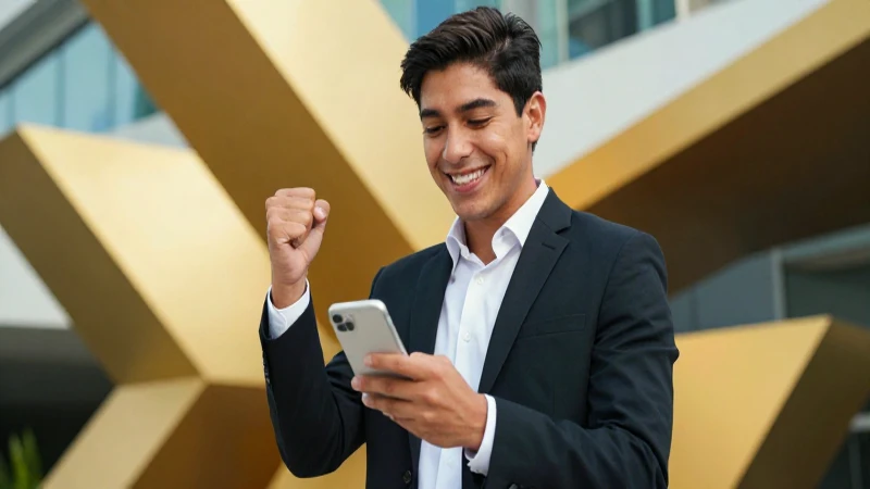 Joven profesional mexicano celebra éxito financiero con estética vibrante