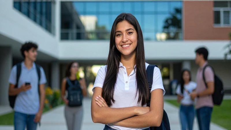 Joven mexicana sonríe en el campus moderno