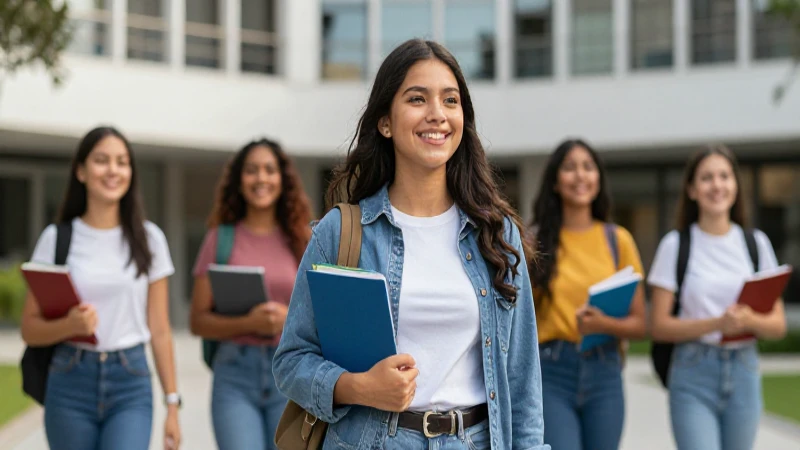 Estudiante mexicana sonríe en campus moderno